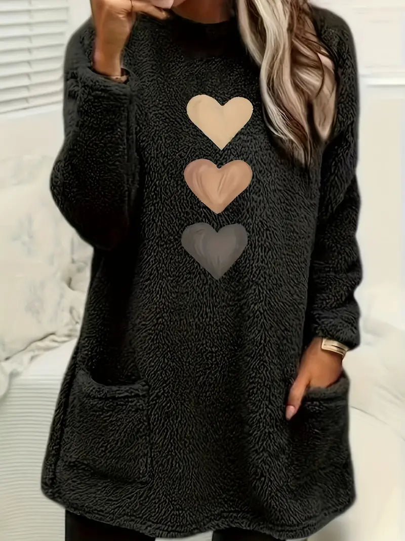 Cozy Fleece-Lined Women's Sweatshirt with Heart Print