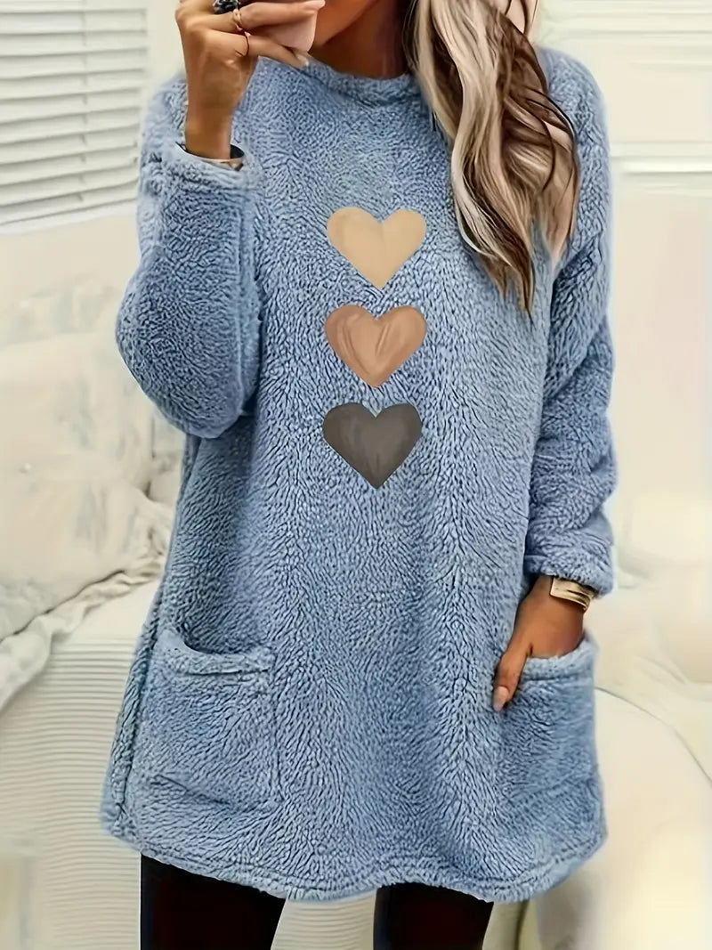 Cozy Fleece-Lined Women's Sweatshirt with Heart Print