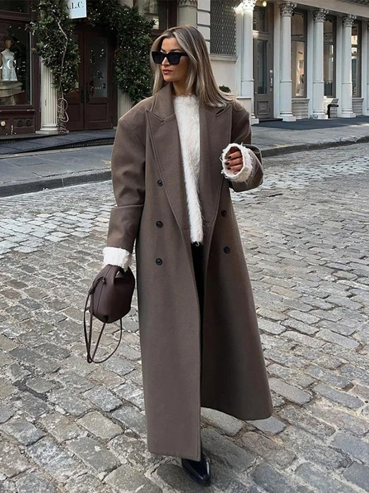 Burgundy Woolen Lapel Long Coat