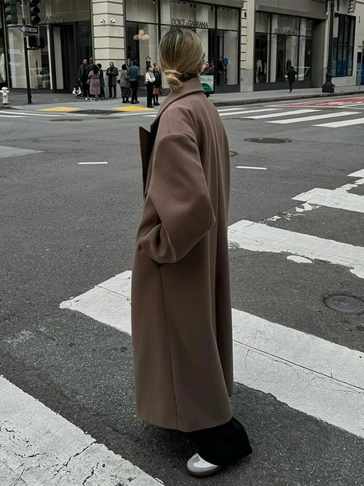 Burgundy Woolen Lapel Long Coat